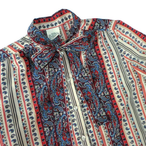 Vintage Secretary Blouse Striped Paisley Tie Neck - Picture 5 of 8